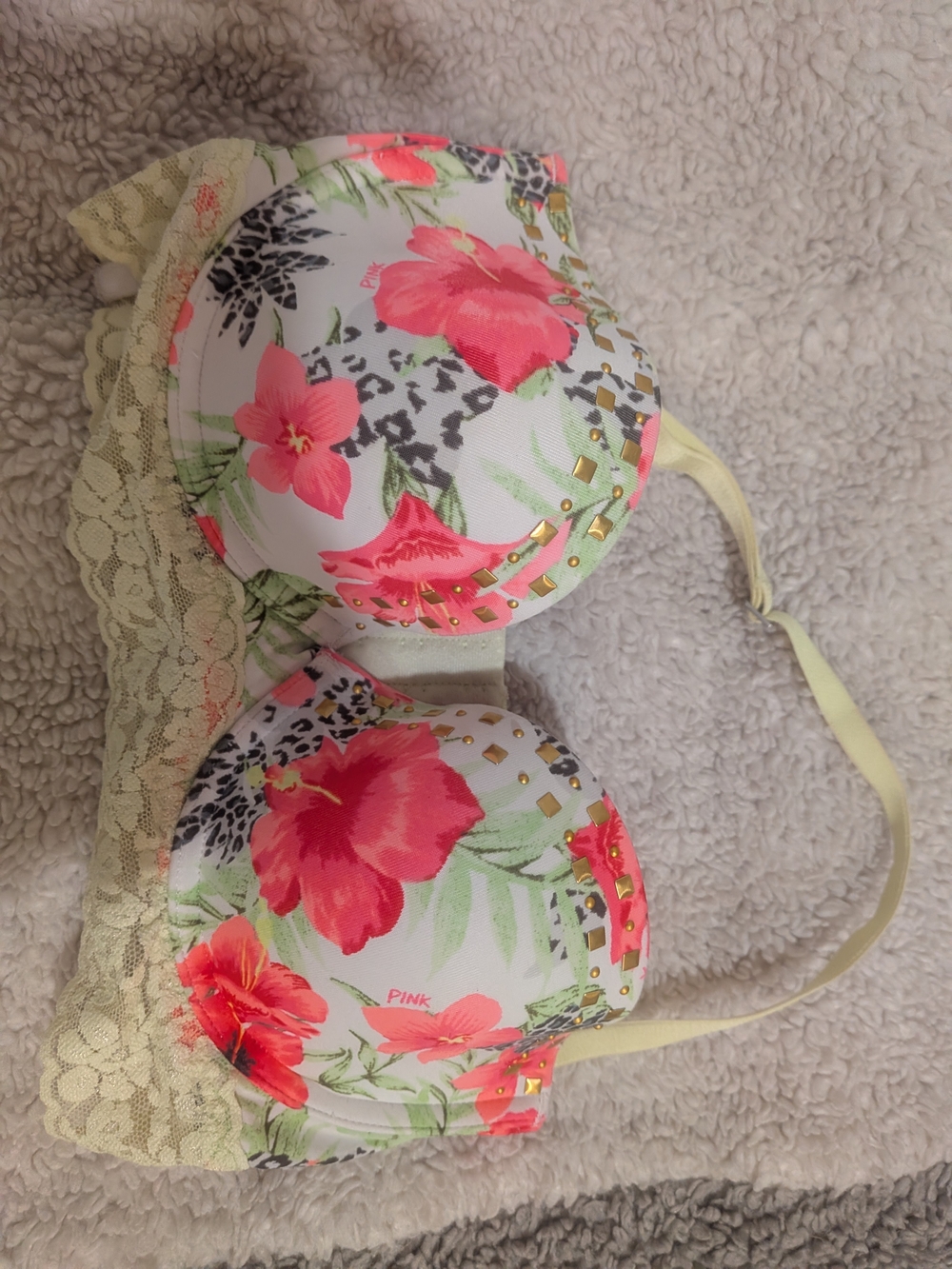 Victoria's Secret Pink Floral Padded Bra with Gold Stud Accents